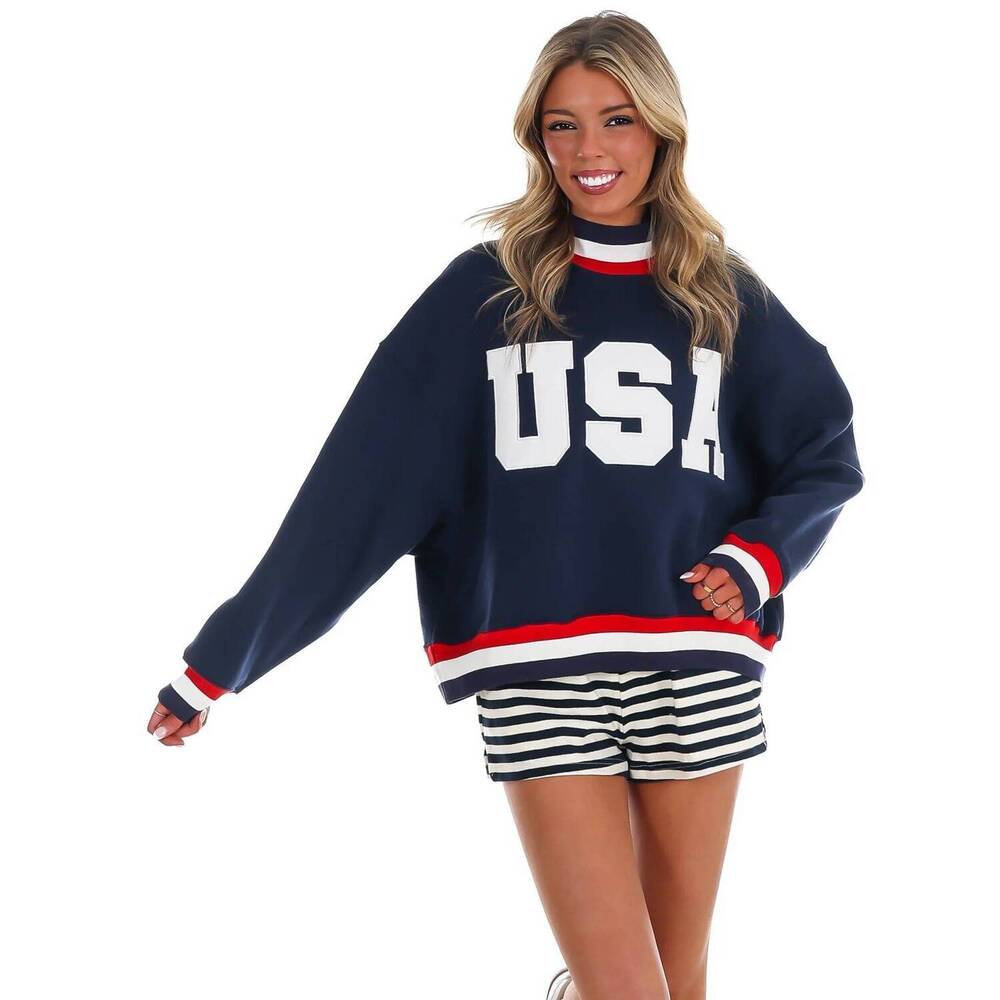 NEW PRETTY FOLLIES usa letter print contrast sweatshirt in navy